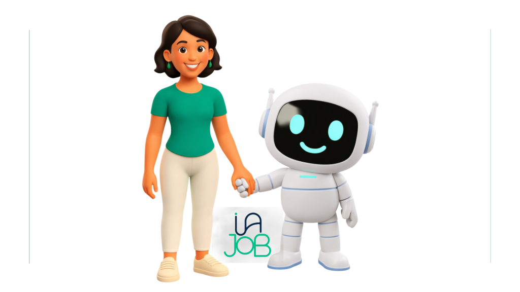 Avatar Mel com robô de mãos dadas simbolizando a tecnologia unida à iajob